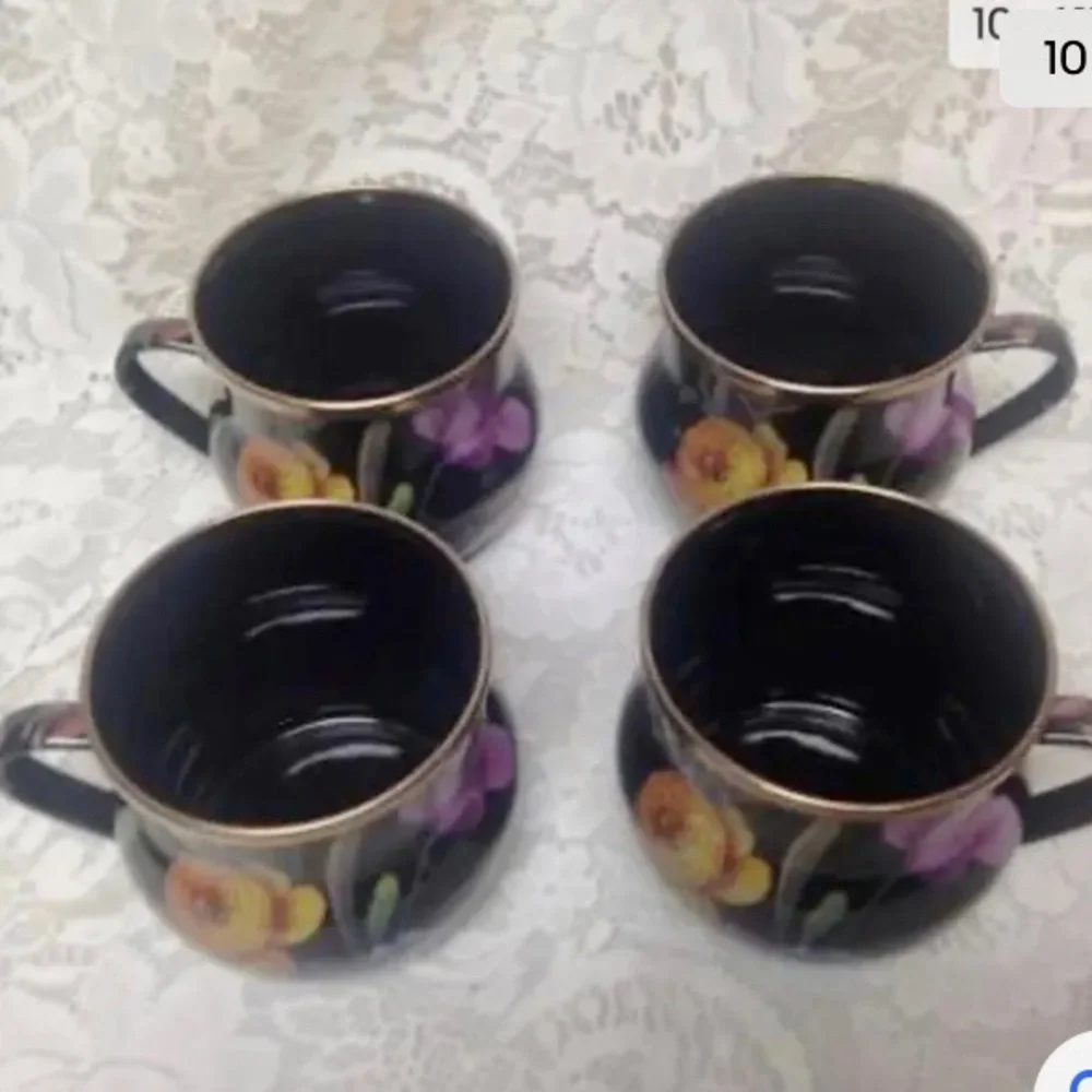 MacKenzie Childs Black Flower Market Enamel 144 oz-4.5 Qts Tea Kettle w/ 4 Mugs - Picture 10 of 11